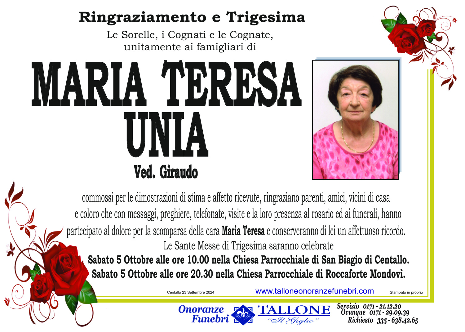 <br />
<b>Warning</b>:  Undefined variable $info in <b>/home/tallone/public_html/ringraziamenti.php</b> on line <b>68</b><br />
Maria Teresa Unia